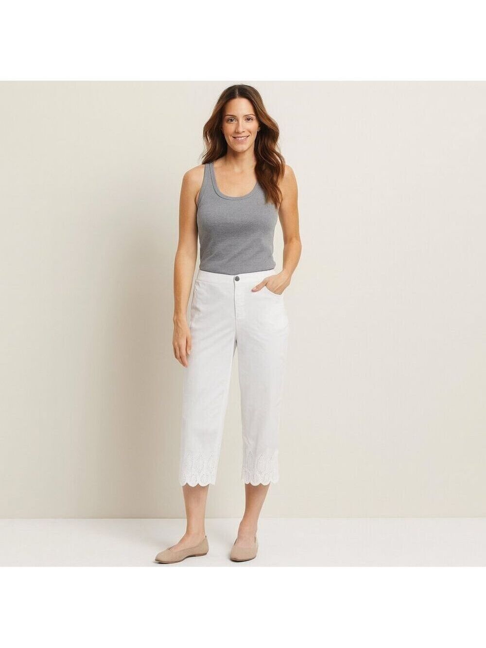 Ruby Rd. White Cropped Pants with Eyelet Lace Hem Size 12